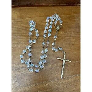 Italy Vtg Rosary Gold Tone w/ Iridescent  Cut Crystals 32”total Cross is 2"